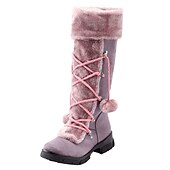 baratos Botas de neve e inverno-botas de inverno femininas de pele sintética preta com cadarços de pompom - isolamento quente, design na altura do joelho, solas antiderrapantes para clima frio e dias de neve