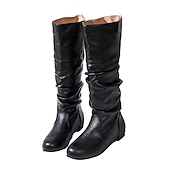 levne Slouch Boots-dámské černé kozačky pod kolena - ležérní kozačky z umělé kůže na plochém podpatku na podzim a zimu