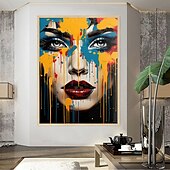 billiga Människomålningar-100 % handmålad väggkonst färgglad ansikte väggkonst kvinna porträtt canvas målning abstrakt flicka väggdekor oljemålning konst dekor heminredning redo att hänga eller duk