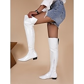 tanie Buty modowe-damskie czarne lakierowane buty gogo za kolano z niskim obcasem i bocznym zamkiem błyskawicznym – eleganckie i stylowe obuwie na imprezy, wydarzenia modowe i wieczorne wyjścia