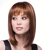baratos peruca mais velha-peruca bob marrom com franja, curta reta com cabelo loiro com mechas micro cachos, peruca sintética na altura dos ombros, peruca sintética resistente ao calor para mulheres meninas uso diário de 16