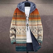 Men's Stripe Winter Coat Fleece Jacket Coat Thermal Warm Vintage Artistic Daily Wear Going out Pocket Print Fall & Winter Hooded Long Sleeve khaki4