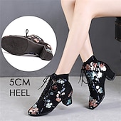 abordables Chaussures de danses latines-chaussures de danse à lacets à fleurs noires pour femmes – talon bas confortable, parfait pour la danse latine, de salon et sociale