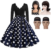 cheap Outfits-Set with Polka Dots Vintage Dress Beehive Curl Hair Wig 2* Wig Caps 4 PCS 1950s Retro Vintage Tea Dress A-Line Dress Rockabilly Flare Dress Women&#039;s Costume Christmas Homecoming