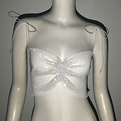 cheap Sexy Costumes-Metallic Sparkle Sexy Crop Tank Top Sheer Mesh Rhinestone Cover Up Disco Solid Color Deep V Women&#039;s Carnival Party Club Adults&#039; Tank Top