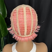 abordables Perruques de qualité supérieure-Perruques courtes de lutin de cheveux humains coupe de lutin perruques ondulées roses courtes perruques de cheveux synthétiques courtes en couches pour les femmes