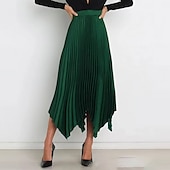 preiswerte Schlichte Röcke-Damen Rock Schaukel Langer Rock Elegant Modisch Maxi Hoher Taillenbund Röcke Einfarbig Gefaltet Asymmetrischer Saum Party Strasse Schwarz Weiß Wein Dunkelgrün Frühling Sommer Satin