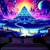 preiswerte Blacklight -Wandteppiche-Schwarzlicht-Wandteppich, UV-reaktiv, leuchtet im Dunkeln, Glow Party, Neon, trippige, neblige Pyramide, Ägypten, Wandteppich, Wandbild für Wohnzimmer, Schlafzimmer