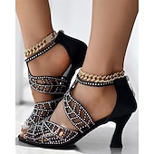 cheap Dress Sandals-Women&#039;s Black Rhinestone Strappy High Heel Sandals with Cut-Out Design for Dance and Evening Wear