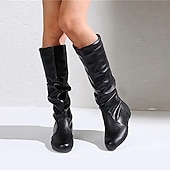 levne Slouch Boots-dámské černé kozačky pod kolena - ležérní kozačky z umělé kůže na plochém podpatku na podzim a zimu