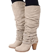 olcso Slouch Boots-női bézs lompos, térdig érő csizma csattal és szegecsekkel, vintage western stílusú őszi és téli alkalmi viselethez