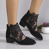 levne Kotníkové boty-dámské černé krajkové kotníkové boty s květinovým síťovaným designem a nízkým blokovým podpatkem - elegantní obuv pro běžné i společenské příležitosti