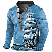 cheap Vintage&amp;Retro-Men&#039;s Graphic Ship Henley Shirt Tee Long Sleeve 3D Print Vintage Fashion Designer Outdoor Casual Daily Spring &amp;  Fall Blue Brown Green Gray Henley Henley T-Shirt