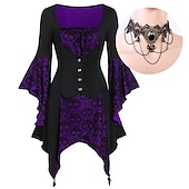 economico Outfit-set con camicetta medievale con maniche a campana tatuaggio in pizzo collana girocollo 2 pezzi retro vintage punk stile gotico abiti da streghe costume cosplay da donna festa di carnevale casual