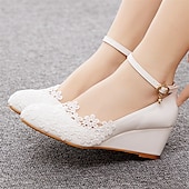 cheap Casual-Women&#039;s White Lace Wedge Wedding Shoes – Elegant Floral Embroidery with Ankle Strap for Brides and Special Occasions
