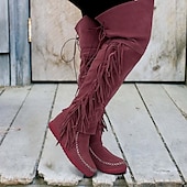 cheap Cowboy &amp; Western Boots-Women&#039;s Moccasin Suede Fringe Knee-High Boots - Vintage Boho Style, Embroidered Details, Comfortable Sole, Perfect for Festival Wear and Casual Outfits