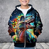 billiga Pojkens 3D-djur-Pojkar 3D Dinosaurie Huvtröja Kappa Ytterkläder Långärmad 3D-tryck Höst Vinter Mode Streetwear Häftig Polyester Barn 3-12 år Blixtlås Huva Utomhus Ledigt Dagligen Normal