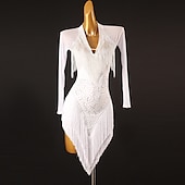 preiswerte Kleidung für lateinamerikanische Tänze-Tanz Salsa Latein Tanzkleid Strass Quaste Damen Performance Training Langarm High Spandex Tüll