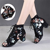 abordables Chaussures de danses latines-chaussures de danse à lacets à fleurs noires pour femmes – talon bas confortable, parfait pour la danse latine, de salon et sociale