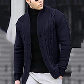 cheap Men&#039;s Cardigan Sweater-Men&#039;s Cardigan Sweater Cropped Sweater Cable Knit Regular Button Up Plain Lapel Vintage Warm Ups Casual Daily Wear Clothing Apparel Fall Winter Black White S M L