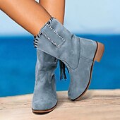 cheap Cowboy &amp; Western Boots-Women&#039;s Beige Suede Western Boots with Fringe and Studded Details – Casual Cowgirl Style for Outdoor and Festival Wear