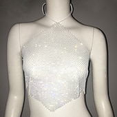 cheap Sexy Costumes-Metallic Sparkle Sexy Crop Tank Top Sheer Mesh Rhinestone Cover Up Disco Solid Color Deep V Women&#039;s Carnival Party Club Adults&#039; Tank Top