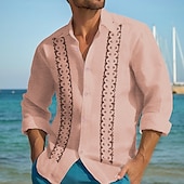 voordelige Vakantie-Voor heren linnen overhemd Guayabera-shirt Zomer overhemd Normaal shirt Strand hemd Gestreept Vakantie Hawaii Wit blauw Khaki Grijs Lange mouw Revers Lente zomer Kleding Afdrukken