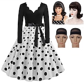 cheap Outfits-Set with Polka Dots Vintage Dress Beehive Curl Hair Wig 2* Wig Caps 4 PCS 1950s Retro Vintage Tea Dress A-Line Dress Rockabilly Flare Dress Women&#039;s Costume Christmas Homecoming
