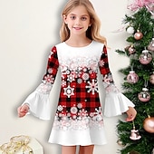  Meisjes 3D Ruitjes Sneeuwvlok  Sneeuwvlokjurk Jurk met ruches Lange mouw 3D-afdrukken Herfst Winter Vakantie Sport & Outdoor Dagelijks leuke Style Casual Mooi Kinderen 3-12 jaar Casual jurk A lijn