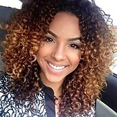 economico Parrucche di altissima qualità-Parrucche di capelli ricci afro crespi da 14 pollici per le donne parrucche ricci crespi per le donne ombre marroni con parrucche sintetiche con radici scure