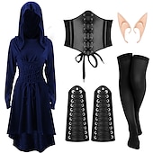 baratos Conjuntos-Retro Vintage Punk e gótico Medieval Vestidos Corpete Roupa Viking Ranger Elfo Tiro com arco Mulheres Viking Fantasia Dia Das Bruxas Carnaval Festa Casual / Diário LARP Adulto Vestido Cinto Meias