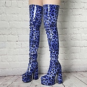 cheap Platform Boots-Women&#039;s Sexy Blue Leopard Print Thigh-High Platform Boots with Chunky Heels – Bold Statement Footwear for Parties, Events, and Night Out