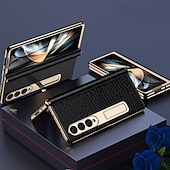 cheap Samsung Cases-Leather Phone Case for Samsung Galaxy Z Fold 5 4 3 Fold4 Fold5 Gold Plating Magnetic Hinge Stand Back Cover with Mirror Film