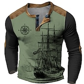 levne Vintage &amp;amp; Retro-Pánské Loď Námořnický Kompas Tričko Henley Waffle Tričko Dlouhý rukáv 3D tisk Designové Retro Na běžné nošení Outdoorové sporty Dovolená Festival Jaro &amp; podzim Světle hnědá Vodní modrá Hnědá Trávov