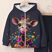 billiga Flickans 3D-djur-Flickor 3D Giraff Huvtröja &amp; träningsbyxor Set Långärmad 3d-utskrivning Höst Vinter Aktiv Mode söt stil Barn 3-12 år Blixtlås Huva Utomhus Gata Normal