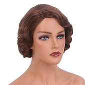 levne Historické paruky-Krátké popelavě hnědé paruky pro ženy přírodní prstová vlna syntetická paruka pro ženy dámy cosplay anime party kostýmy anime flapper paruka halloweenské paruky