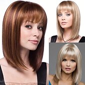 baratos peruca mais velha-peruca bob marrom com franja, curta reta com cabelo loiro com mechas micro cachos, peruca sintética na altura dos ombros, peruca sintética resistente ao calor para mulheres meninas uso diário de 16
