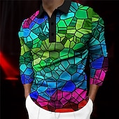 cheap Men&#039;s Geometric Polo-Men&#039;s Graphic Polo Shirts Golf Shirt Long Sleeve Polo Shirts Collared Shirts Casual Vacation Wear Rave Wear Party Outfits Buttons 3D Print Fall &amp; Winter Purple Green