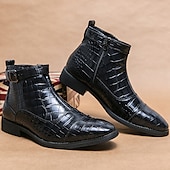 baratos Botas de vestir-Botas masculinas de couro sintético com padrão de crocodilo marrom, fivela e zíper lateral – botas sociais elegantes para uso formal e casual