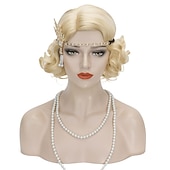 abordables Perruques historiques-perruque ondulée femme noire années 1920 vintage perruque garçonne dame rockabilly courte perruque bouclée carnaval fête cosplay costume cheveux synthétiques