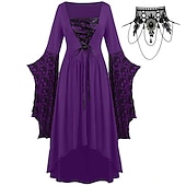 abordables Conjuntos-Conjuntos con vestido medieval con mangas acampanadas de encaje tatuaje gargantilla collar 2 piezas retro vintage punk estilo gótico brujas trajes mujer cosplay disfraz carnaval fiesta casual diario