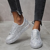 olcso Női tornacipők-Női Tornacipők Bling Bling cipők Fantasy cipők Csillogó cipő Szabadtéri Napi Flitter Lapos Kerek orrú Divat Sportos Alkalmi Csillám PU Fűzős Ezüst Fekete