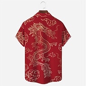 cheap Animal Print-New Year Men&#039;s Dragon Shirt Button Up Shirt Short Sleeve Casual Daily Wear Going out Weekend Autumn / Fall Turndown Print Button-Down Yellow Red Burgundy