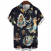 cheap Retro Vintage Print-Men&#039;s Mermaid Shirt Summer Hawaiian Shirt Aloha Shirt Short Sleeves Shirt Turndown Vintage Fashion Designer Outdoor Street Casual Black White Yellow 3D Print S M L