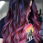 economico Parrucche trendy sintetiche-parrucca sintetica lunga e diritta - parrucca di capelli ricci viola ondulati verdi con capelli ricci rosso vino e rosa-viola - parrucchino elegante e versatile per le donne