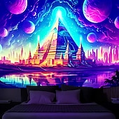 preiswerte Blacklight -Wandteppiche-Schwarzlicht-Wandteppich, UV-reaktiv, leuchtet im Dunkeln, Glow Party, Neon, trippige, neblige Pyramide, Ägypten, Wandteppich, Wandbild für Wohnzimmer, Schlafzimmer