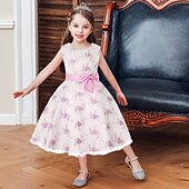 cheap Casual Dresses-Kids Girls&#039; Dress Floral Sleeveless Party Embroidered Lace Trims Bow Cute Cotton Knee-length Skater Dress Summer 3-10 Years Pink Dusty Rose Red