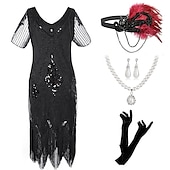 cheap Outfits-Retro Vintage Roaring 20s 1920s Flapper Dress Outfits Accessories Set The Great Gatsby Wedding Guest Sequins Tassel Fringe Sequin Tassel V Neck Women&#039;s Halloween Carnival Masquerade Carnival Party