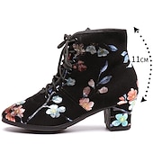 abordables Chaussures de danses latines-chaussures de danse à lacets à fleurs noires pour femmes – talon bas confortable, parfait pour la danse latine, de salon et sociale