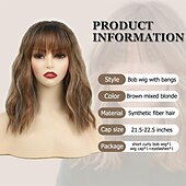 economico Parrucche trendy sintetiche-parrucche a caschetto castano corto con frangia parrucche bionde miste castane di media lunghezza per donne parrucche sintetiche ricci ondulate con riflessi